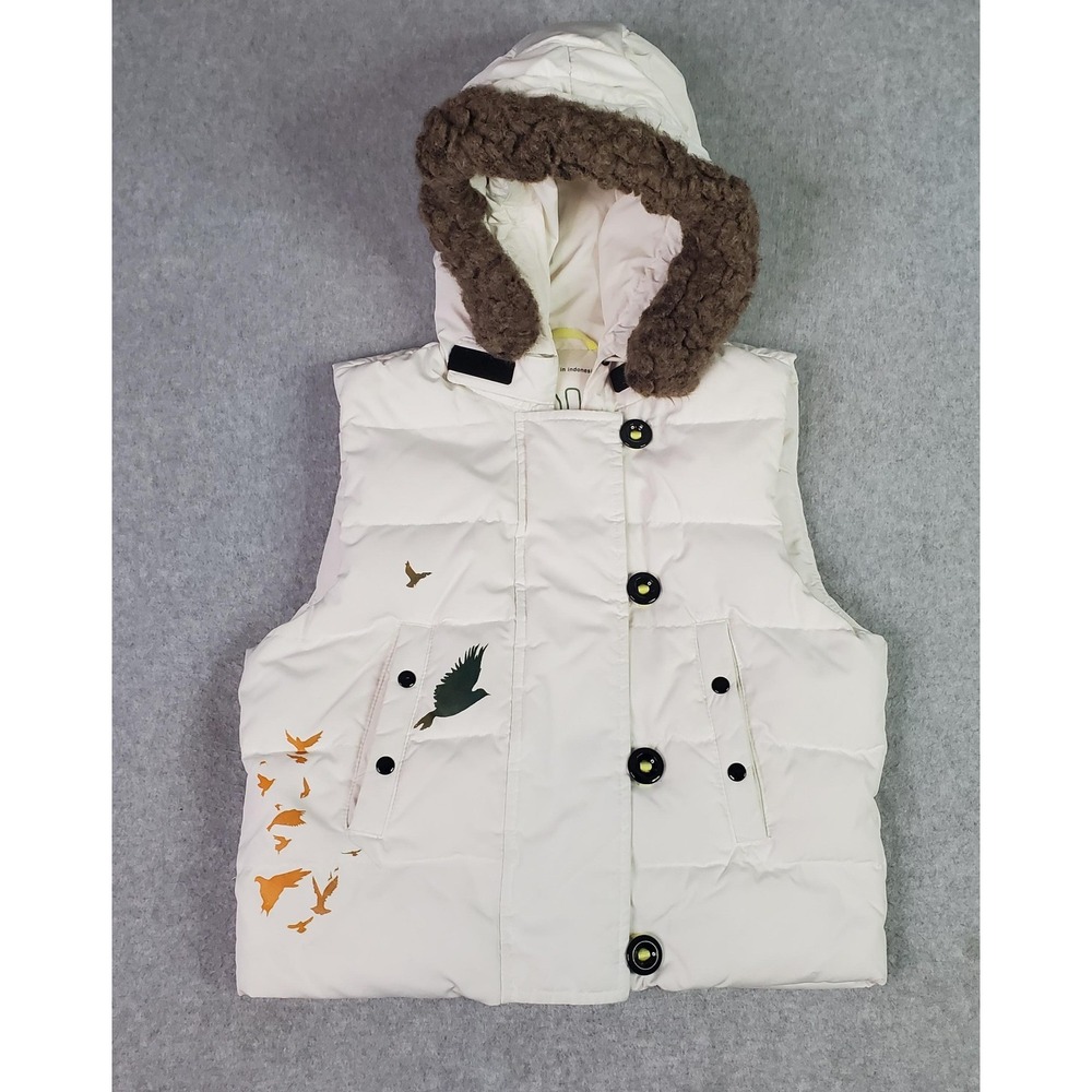 Gap Vest Womens Small White Down Puffer Hooded Bird Print Fur Trim Winter